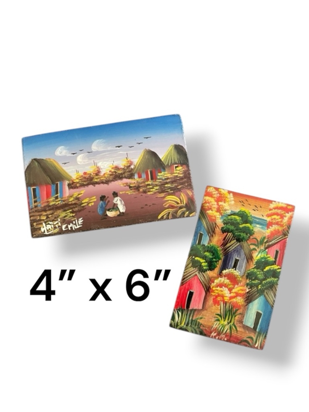 2pc Haitian Art Paintings 4x6 Chipboard Panel Original Wall Decor